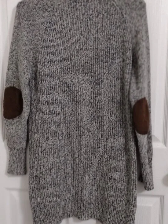 RDI Marled Knit Open Cardigan Size M Gray Elbow Patch Cozy Layering Sweater - Picture 13 of 13